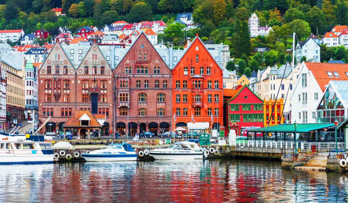 Scenic summer panorama of the Old Town pier architecture of Bryggen in Bergen, Norway