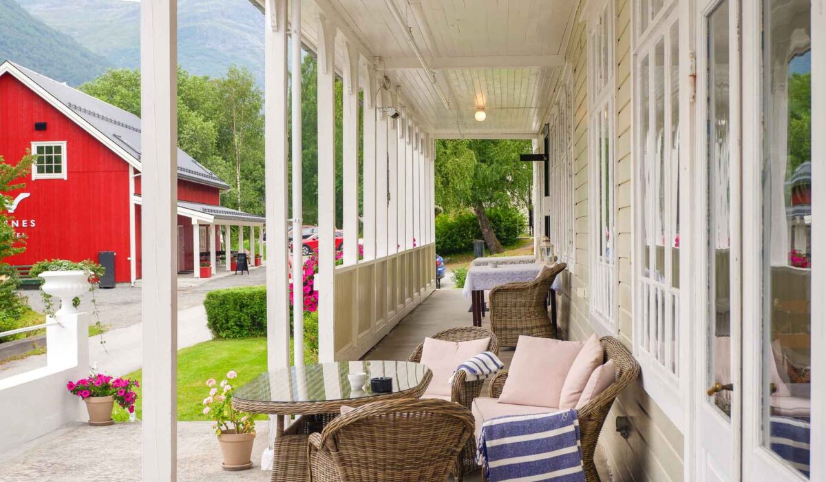 Beautiful porch at a hotel in Stryn in Norway during summer.