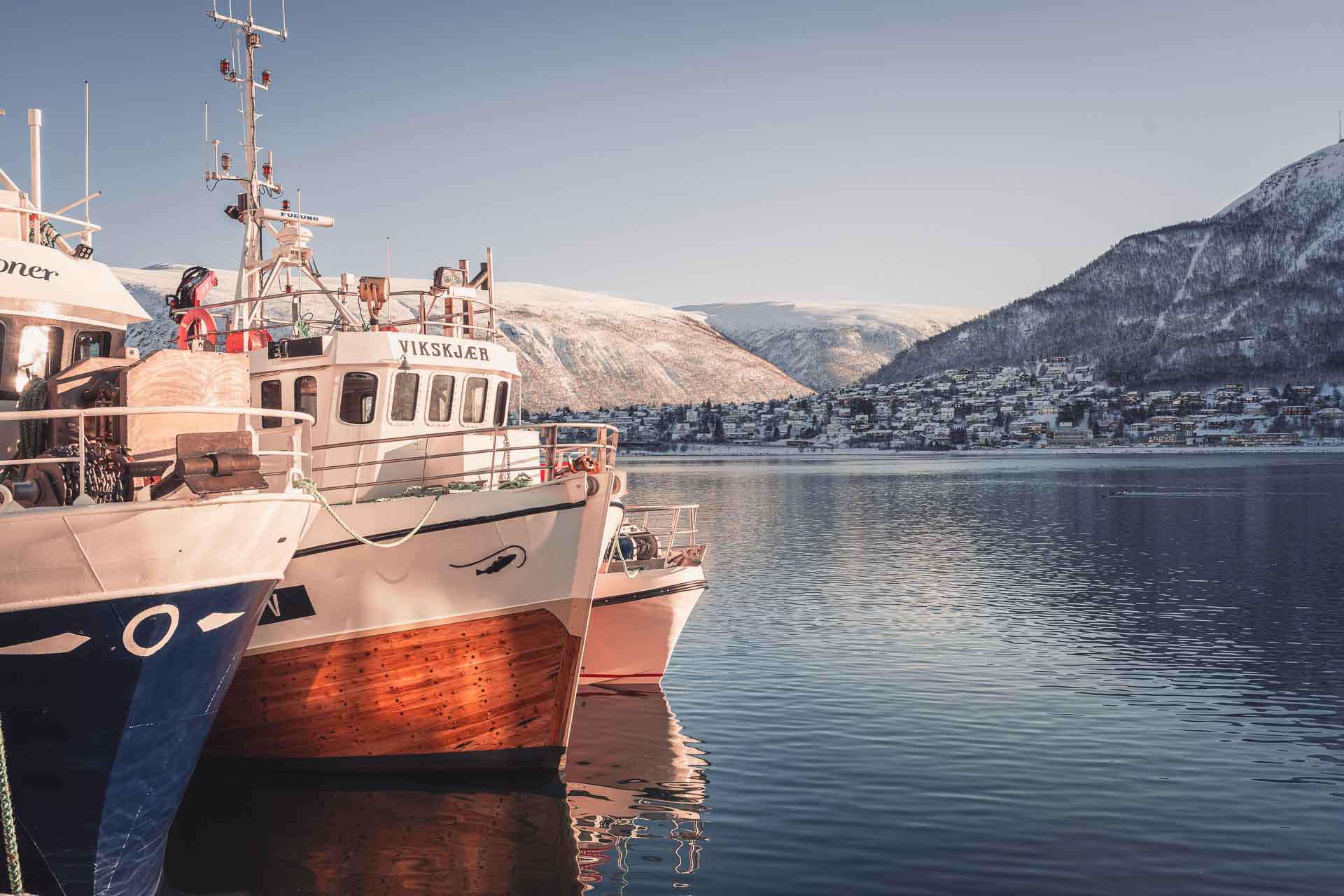 Tromsø Travel Guide 23 Three boats side by side in the harbour in winter in Tromsø, Norway. It's winter, and snowy mountains and the cityscape are visible in the background.