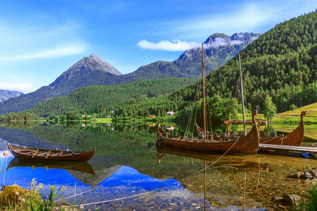 Old viking boats replica in Sognefjorden.