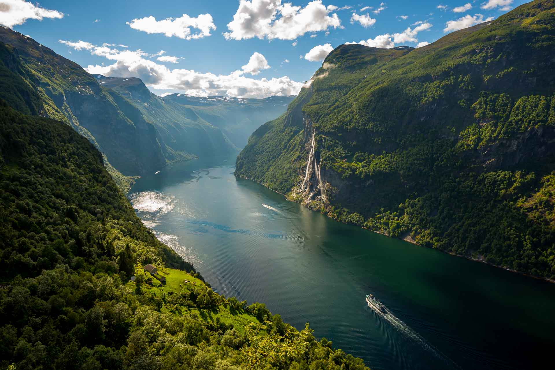 Geirangerfjord from Skagefla farm on a beautiful blue sky day