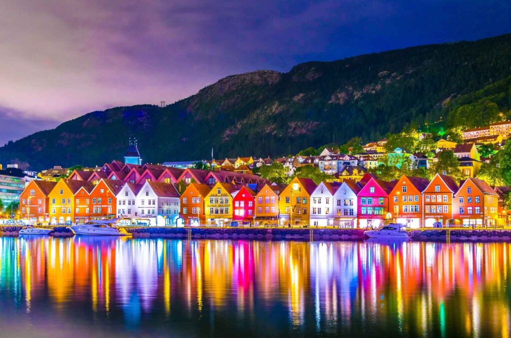 Night view of a historical wooden district Bryggen in the western city Bergen.