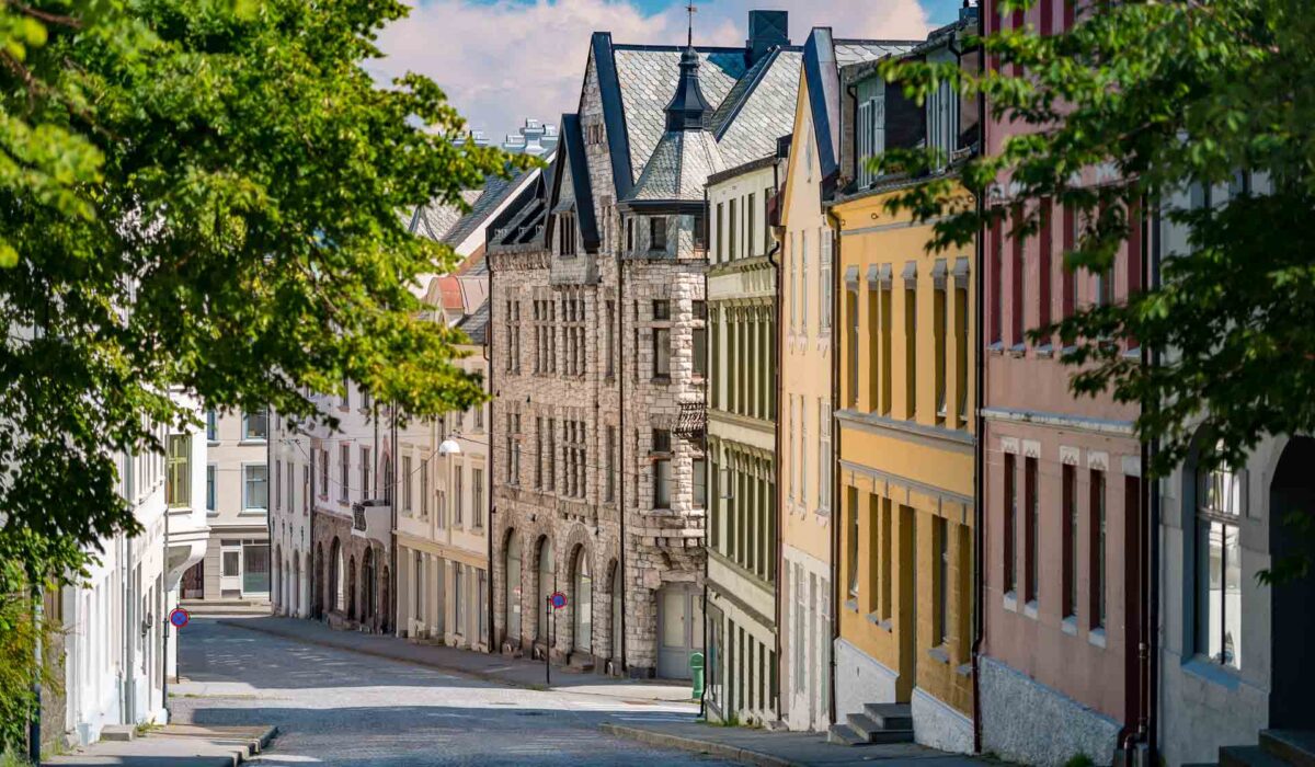 Alesund, Norway. View of central city part with historic art nouveau architectural style in which most of the town was rebuilt after a fire in 1904.