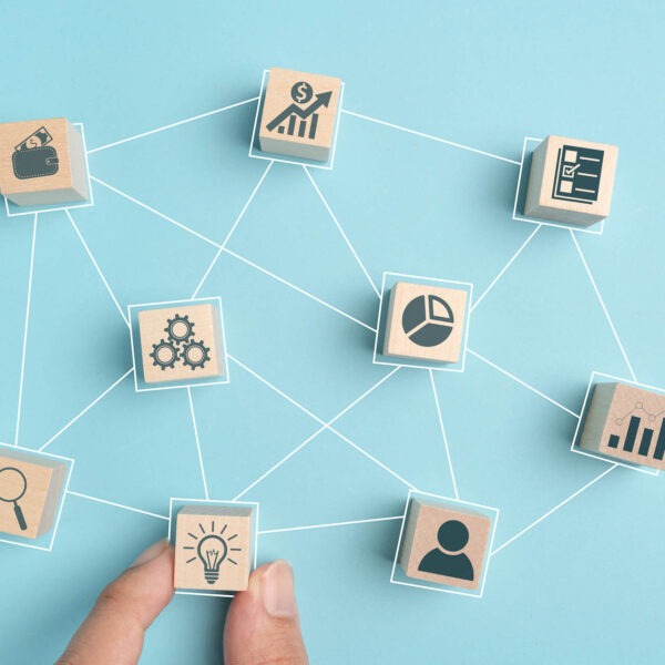 wood block with icon business strategy and Action plan, Goal and target, success and business target concept, project management, company strategy development.