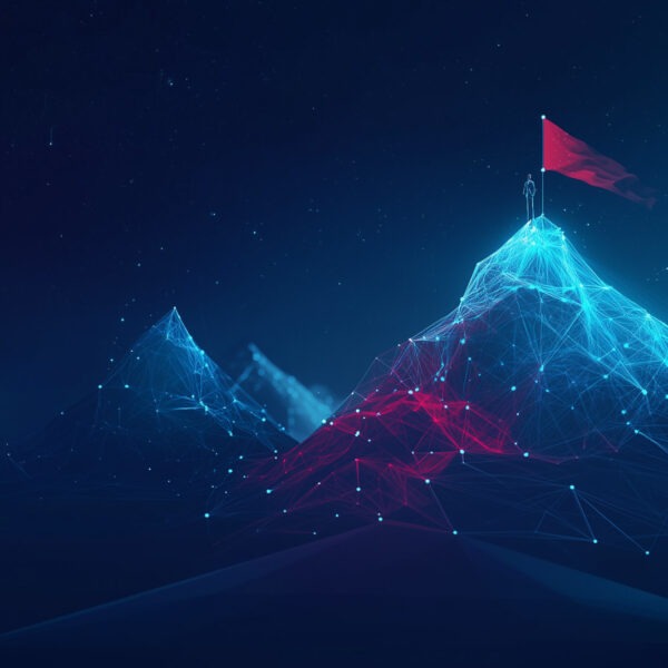 Digital AI Technology Concept. An abstract illustration of a person reaching the summit of a mountain and planting a flag, symbolizing success, achievement, and leadership. Generative AI Content